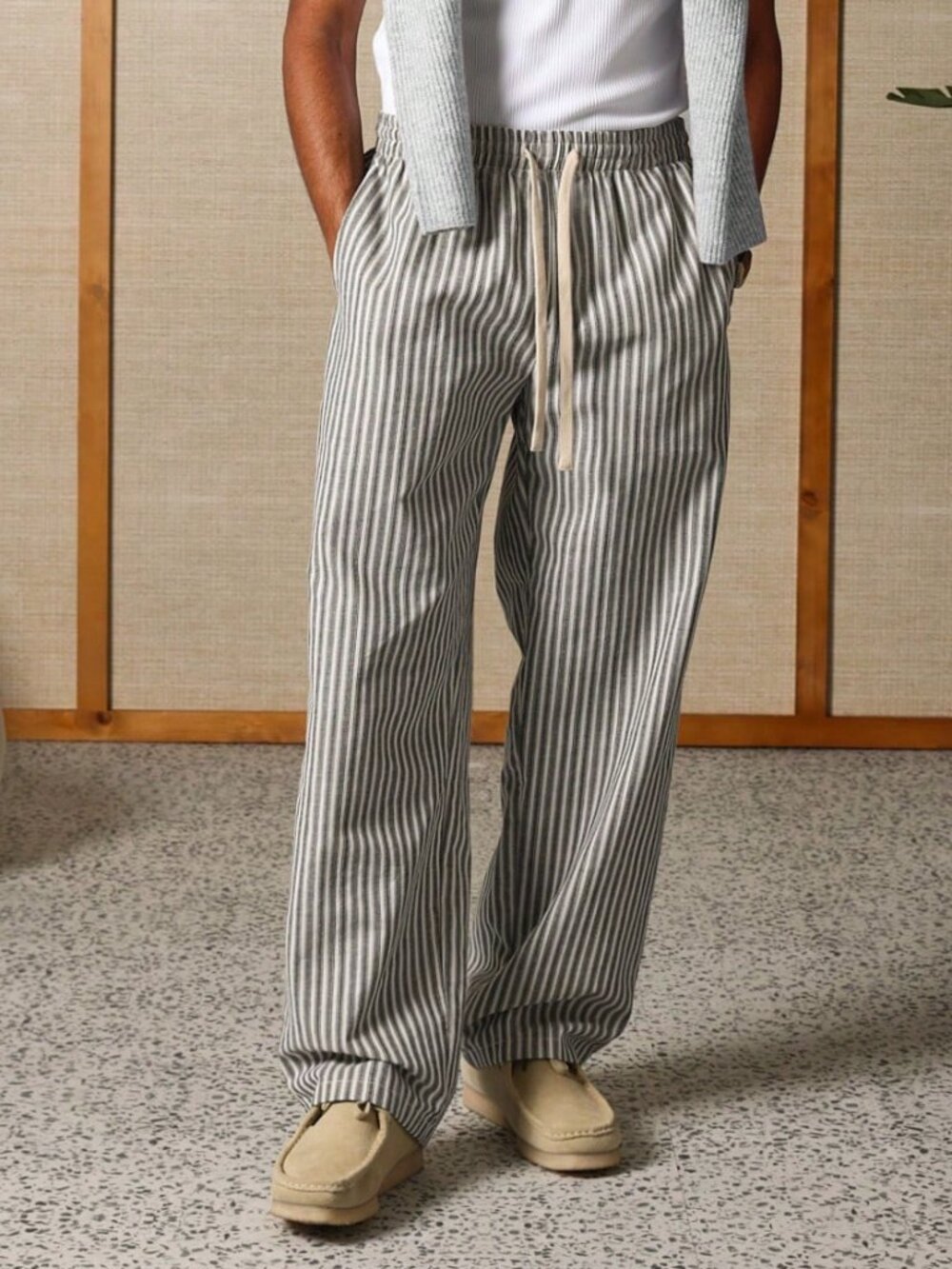Grey Striped Men's Loose Elastic Waist Straight Lounge Pants